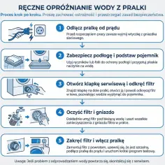 Instrukcja krok po kroku: jak wypompować wodę z pralki. Odłącz prąd, zabezpiecz podłogę, otwórz klapkę, wyczyść filtr, zakręć i włącz pralkę.