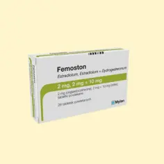 Opakowanie leku Femoston, zawierające 28 tabletek powlekanych. Femoston to preparat hormonalny.