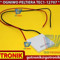 Białe ogniwo Peltiera TEC1-12707 z czerwonym i czarnym przewodem, gotowe do pracy.