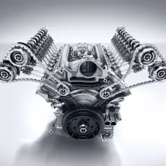 Silnik V8 z łańcuchami rozrządu i wałkami.