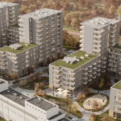 Nowoczesne osiedle z zielonymi dachami, placem zabaw i kawiarnią. Wizualizacja przyszłości, kiedy wykup mieszkań komunalnych w Warszawie staje się rzeczywistością.