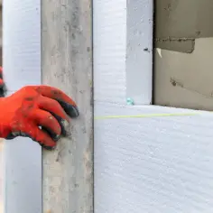 Budowlaniec w pomarańczowych rękawicach montuje płyty styropianowe. Czy styropian się pali? To pytanie budzi wątpliwości, ale ten materiał jest stosowany do izolacji.