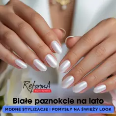 Eleganckie białe paznokcie na lato, idealne na wakacyjne stylizacje. Perłowy blask dodaje uroku.