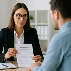 Kobieta w okularach trzyma w ręku dokument "VACATION REQUEST", pytając pracownika, czy zakład może dysponować jego urlopem.