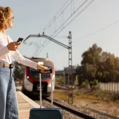 Kobieta z walizką i plecakiem czeka na pociąg. Czy do pociągu można wziac walizkę? Tak, jak widać na zdjęciu.