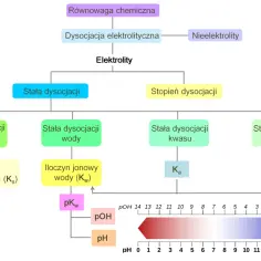 Diagram przedstawia elektrolity i ich stałe dysocjacji, w tym stopień dysocjacji. Pokazuje też zależności między pH, pOH i stałymi dysocjacji.