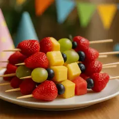 Kolorowe szaszłyki z owoców: truskawki, winogrona, ananas i borówki, idealne na przyjęcie.
