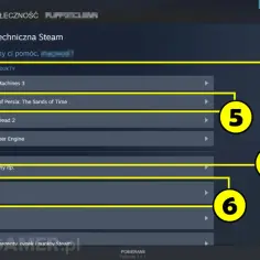Pomoc techniczna Steam. Zobacz, po jakim czasie można zwrócić grę na Steam, klikając w "Transakcje" (6) lub "Ostatnie produkty" (5).