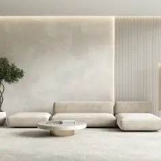 Minimalistyczny salon z beżowymi ścianami, wygodną sofą i dywanem. Idealne miejsce, by zastanowić się, jakie zasłony do beżowych ścian pasują najlepiej.