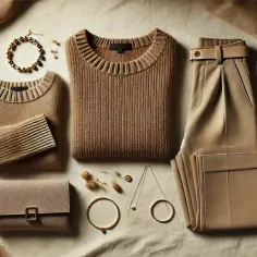 Elegancka stylizacja w odcieniach beżu i brązu. Zastanawiasz się, jaki kolor pasuje do khaki? Beże, złoto i brązy tworzą harmonijną całość.