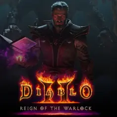 Mroczny mag z księgą zaklęć w dłoni, otoczony płomieniami i mrocznymi stworzeniami. Logo Diablo 2 Resurrected.