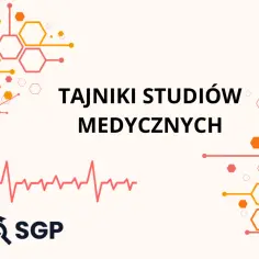 Grafika z hasłem "Tajniki studiów medycznych" i symbolem EKG. Dowiadujemy się, ile trwa zostanie lekarzem.