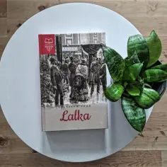 Okładka "Lalki" Bolesława Prusa z ilustracją przedstawiającą scenę z XIX wieku, gdzie widać grupę ludzi w eleganckich strojach. W tle sklep "Riegert". Obok książki stoi zielona roślina.