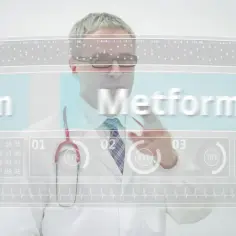 Lekarz analizuje dane na futurystycznym ekranie, gdzie widnieje nazwa "Metformina" i wskaźniki medyczne.