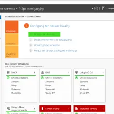 Panel główny Menedżera serwera z opcjami konfiguracji, listą ról serwerów (DHCP, DNS, AD DS) i szybkim startem.