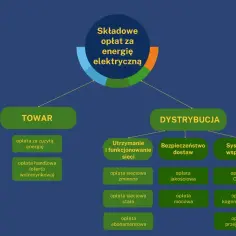 Schemat składników opłat za energię elektryczną, w tym taryfa c11. Podział na "TOWAR" i "DYSTRYBUCJĘ".