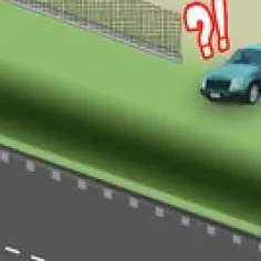 Zielony SUV zatrzymał się przy płocie, a znak zapytania sugeruje problem z dostępem do drogi publicznej.