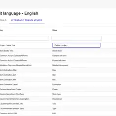 Panel administracyjny aplikacji **Blazor** do edycji tłumaczeń interfejsu. Widok "Edit language - English" z kluczami i wartościami.