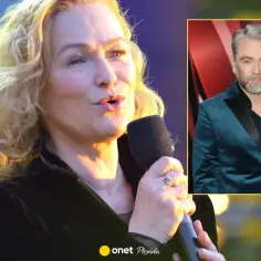 Edyta Geppert śpiewa, a obok niej w ramce widać mężczyznę w turkusowej marynarce.
