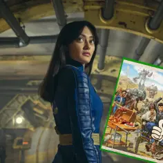 Kobieta w niebieskim kombinezonie Vault-Tec, obok wesoła scenka z gry Fallout 2 z robotami i ludźmi.