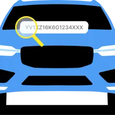 Niebieskie Volvo z lupą powiększającą numer VIN. Ułatwia to rozkodowanie VIN Volvo.