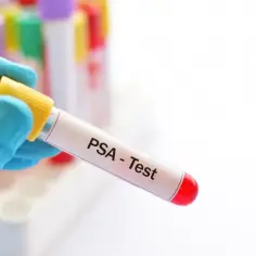 Rękawiczka trzyma probówkę z napisem "PSA - Test". W tle widać inne probówki.