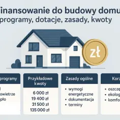 Dofinansowanie do budowy domu: programy, dotacje, zasady i kwoty. Ilustracja domu z monetą zł.