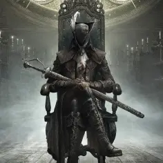 Lady Maria Bloodborne siedzi na tronie, trzymając miecz. W tle świece i mgła.