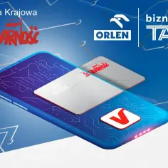 Smartfon z kartami Orlen Biznestank i Solidarność, symbolizujący cyfrowe rozwiązania dla biznesu i pracowników.