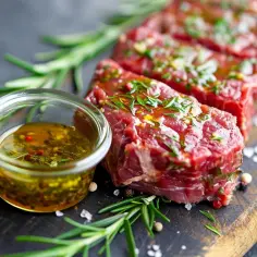 Karkówka w domowej marynacie z rozmarynem i pieprzem, gotowa do grillowania.