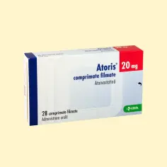 Opakowanie leku Atoris 20 mg, zawierające leki na cholesterol na receptę. Stosowany doustnie.