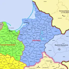 Mapa administracyjna z okresu II wojny światowej, pokazująca Prusy Wschodnie, Danzig-Westpreußen i Okręg Białystok.