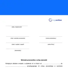 Wniosek o urlop ojcowski. Dokument zawiera pola do wypełnienia przez pracownika i pracodawcę, dotyczące wniosku o urlop.