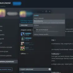Okno statusu online na Steam z opcjami: Online, Zaraz wracam, Niewidoczny, Offline, Nie przeszkadzać.