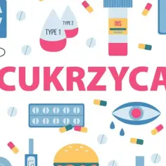 Ilustracja o cukrzycy: glukometr, krople typu 1 i 2, insulina, oko, hamburger, tabletki, strzykawka.