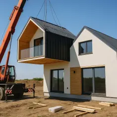 Montaż modułu domu z prefabrykatów betonowych. Dźwig unosi piętro z balkonem, pracownik nadzoruje budowę.