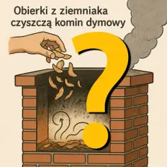 Ręka wrzuca obierki z ziemniaków do komina. Czy obierki z ziemniaków czyszczą komin dymowy? Wielki żółty znak zapytania.
