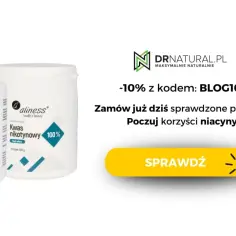 Dwa opakowania suplementu diety Aliness: Niacyna 500 mg (kapsułki) i Kwas nikotynowy (proszek). Odkryj korzyści niacynobazy.