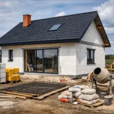 Budowa domu 80 m w toku. Beton, pustaki i zbrojenie czekają na dalsze prace.