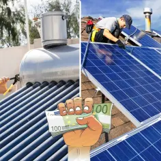 Installation de panneaux solaires et chauffe-eau, avec une main tenant des billets de 100 euros.