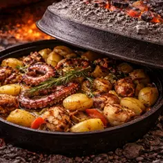 Pajda z ośmiornicą i ziemniakami, przyrządzona pod żelazną pokrywą nad żarem. Prawdziwy smak kuchni chorwackiej.