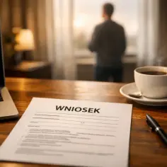 Na biurku leży wniosek o pracę zdalną okazjonalną, obok laptop i filiżanka kawy. W tle mężczyzna patrzy przez okno.