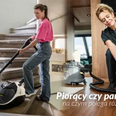 Kobieta czyści schody odkurzaczem piorącym. Czy czyszczenie dywanów domowym odkurzaczem piorącym daje trwałe efekty?