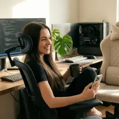 Uśmiechnięta kobieta z telefonem i kubkiem w dłoni, siedząca przy biurku z dwoma monitorami. Ergonomiczne krzesło i nowoczesny **office setup** tworzą komfortowe miejsce pracy.