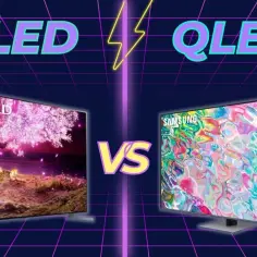 Porównanie technologii OLED i QLED. Po lewej telewizor LG OLED z kwitnącym drzewem, po prawej Samsung QLED z kolorowym obrazem.