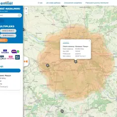 Jak ustawić antenę do telewizji naziemnej? Mapa pokazuje zasięg nadajnika Warszawa/Raszyn, kanał 48 (690 MHz), polaryzacja pozioma, wysokość anteny 326.67 m.