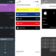 Aplikacja do zarządzania subskrypcjami. Widzimy listę subskrypcji, takich jak Netflix, HBO, Apple Music, Playstation Plus i karnet na siłownię. Można tu dodawać nowe subskrypcje i śledzić wydatki, co pomaga w zarządzaniu finansami i zastanowić się, jak...