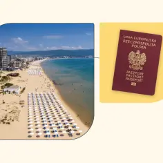 Wakacje w Bułgarii? Sprawdź, czy do Bułgarii potrzebny jest paszport. Zdjęcie przedstawia plażę w Bułgarii i polski paszport.