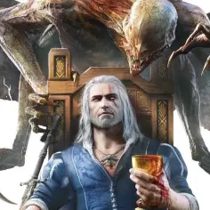 Geralt z Rivii siedzi na tronie z kielichem krwi, a za nim czai się potwór. Zapowiedź wiedzmin 1 remake.