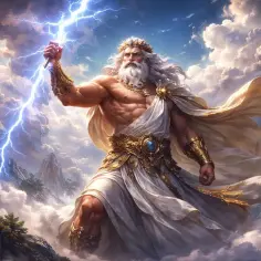 Zeus, władca Olimpu, z błyskawicą w dłoni. "Zeus będziemy dziećmi" - mówi, a niebo rozświetla grom.